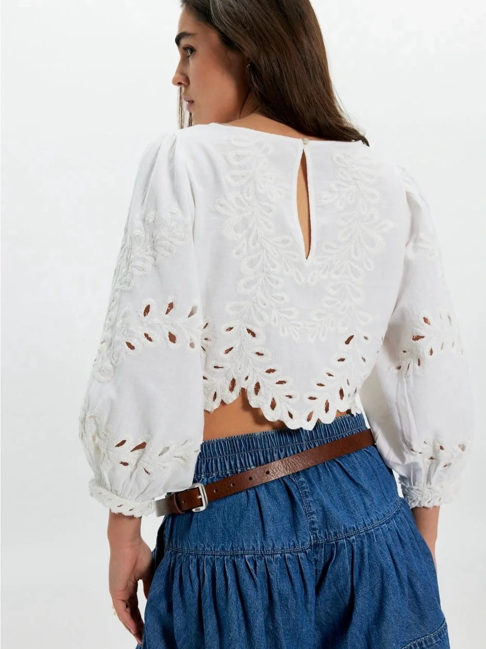 Free People White Eyelet Cropped Peasant Blouse - Women's Top